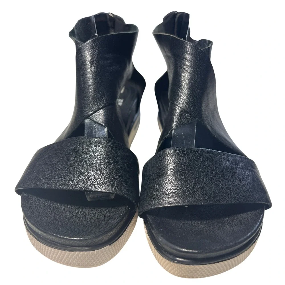 Eileen Fisher Sandals Women 6 Black Leather Platform Wedge Zip Back Gladiator
